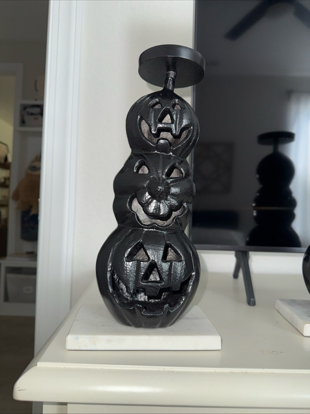 2pc Black Triple Pumpkin Candleholders on marble base
